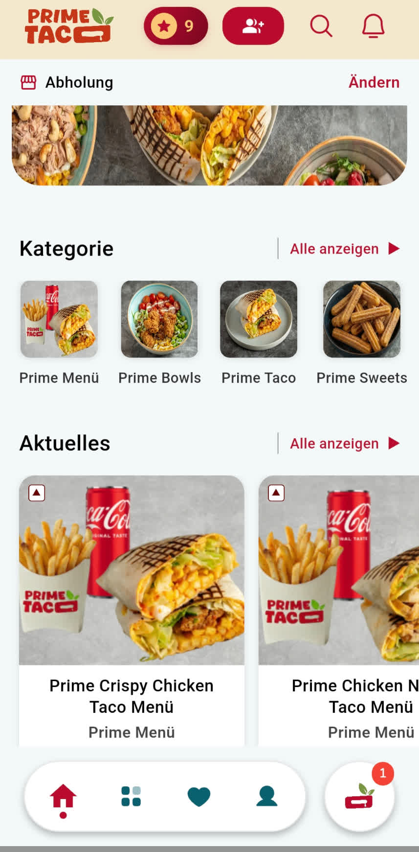 MYRES App – Startseite mit Standort, Kategorien und Treuepunkten